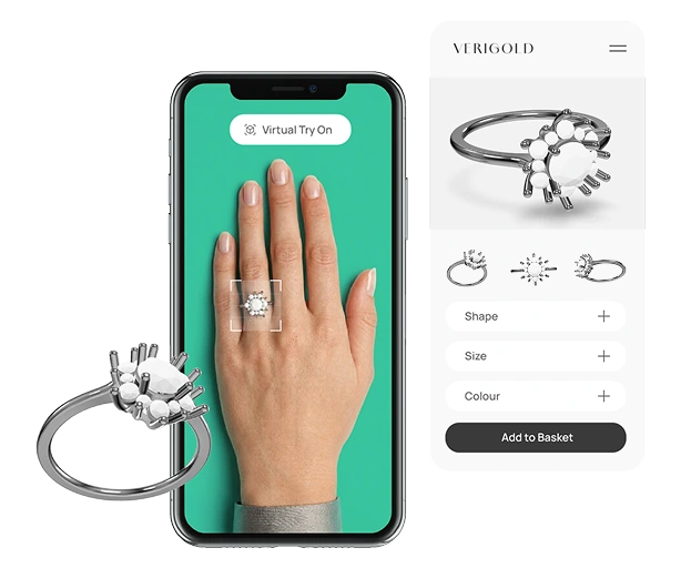 Virtual try-on jewellery configurator on phone with product card